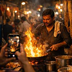 Flames and focus at the food stall
