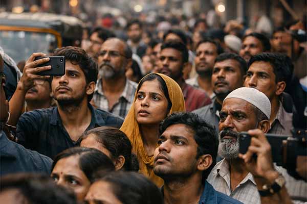 Focused crowd on a busy street